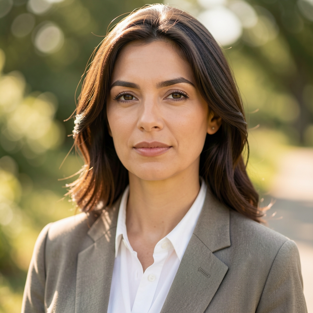 Editorial portrait of a woman in outdoor natural light, relaxed and attentive expression, editorial style framing