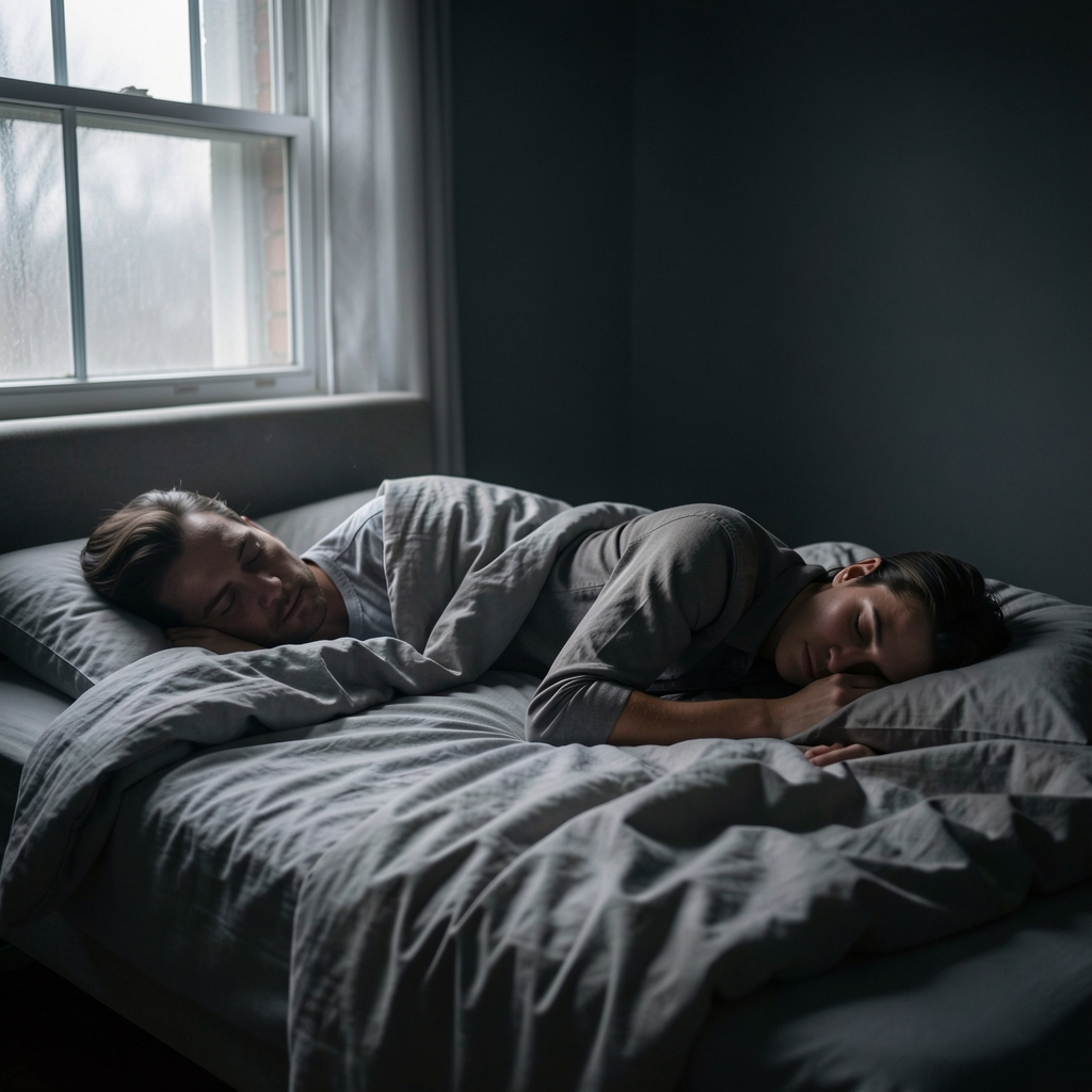 Person lying in a darkened room with rumpled bedsheets, early morning grey light from a window, suggesting disturbed rest and unrestorative sleep
