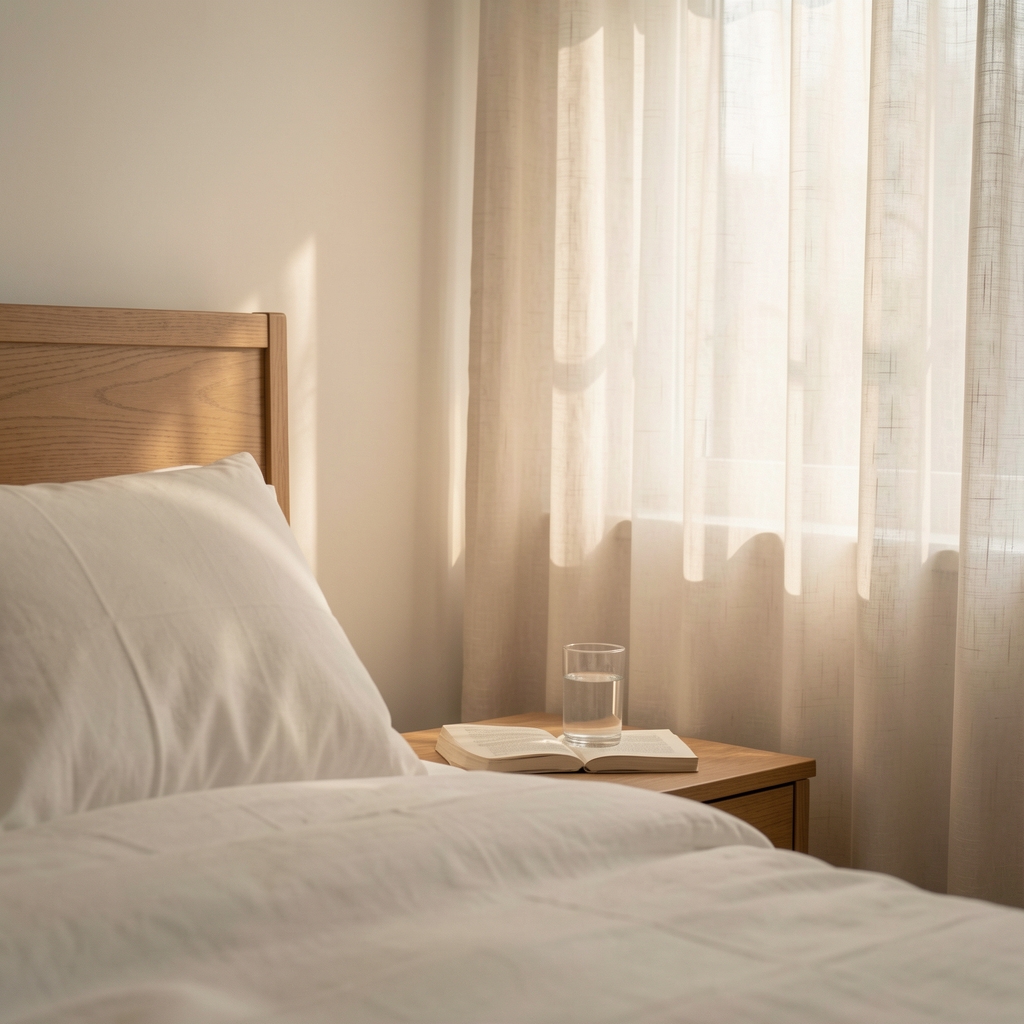 Quiet bedroom at early morning with soft light filtering through linen curtains, a glass of water on a wooden nightstand, sparse and calm atmosphere