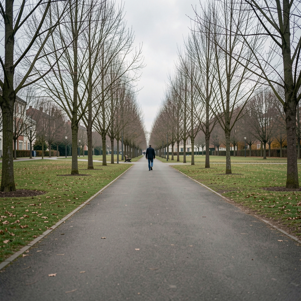 Empty park path on an overcast afternoon, a lone figure walking slowly in the distance, sparse trees, suggesting gentle low-effort outdoor movement